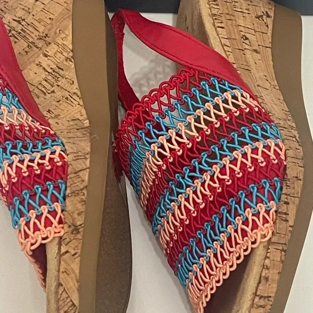 KAREN SCOTT Womens Cushioned Cork Wedge Slip On Slingback Sandal sz 8 red blue - Picture 5 of 13